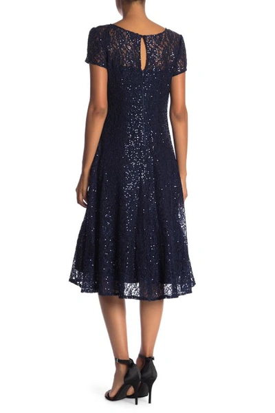 Sl Fashions Tea Length Sequin Lace Dress In Navy