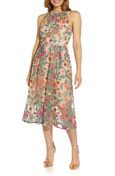 Shop Adrianna Papell Floral Embroidered Fit & Flare Midi Dress In Bright Rose Multi