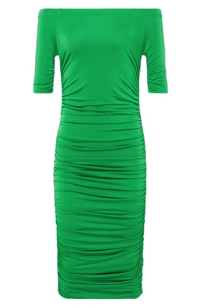 Shop L Agence Sequoia Ruched Off The Shoulder Bodycon Dress In Grass Green