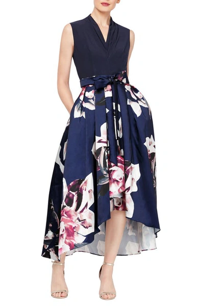 Shop Slny Floral Pleated High-low Dress In Navy Multi