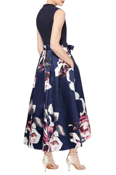 Shop Slny Floral Pleated High-low Dress In Navy Multi