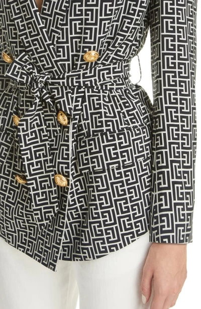 Shop Balmain Monogram Print Double Breasted Cupro Jacket In Ivory/ Black