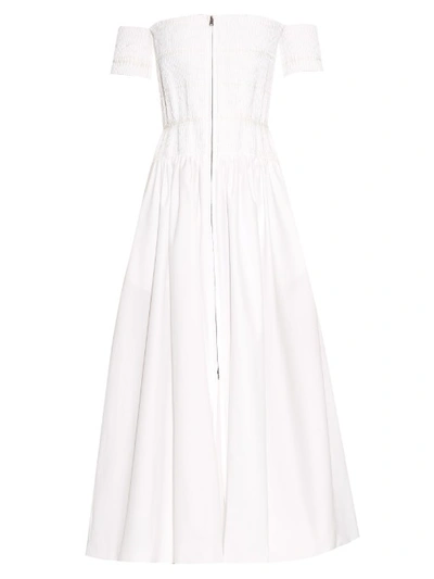 Fendi Cotton Taffeta Off-the-shoulder Smocked Dress In White
