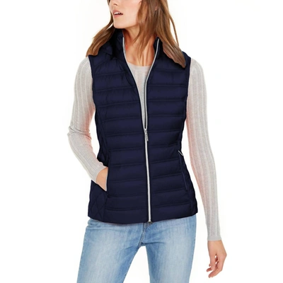 Shop Michael Kors Down Fill Full Zip Removable Hood Puffer Vest In Navy Blue
