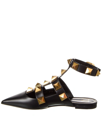 Shop Valentino Roman Stud Leather Ankle Strap Flat In Black
