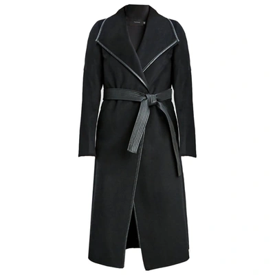 Shop T Tahari Juliette Double Face Faux Leather Trim Belted Wool Coat Black In Black