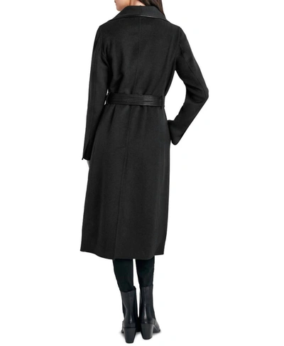 Shop T Tahari Juliette Double Face Faux Leather Trim Belted Wool Coat Black In Black