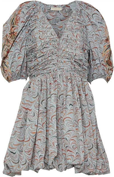 Shop Ulla Johnson Gwen V-neck Puff Sleeve Pleated Mini Dress In Chalcedony In Multi