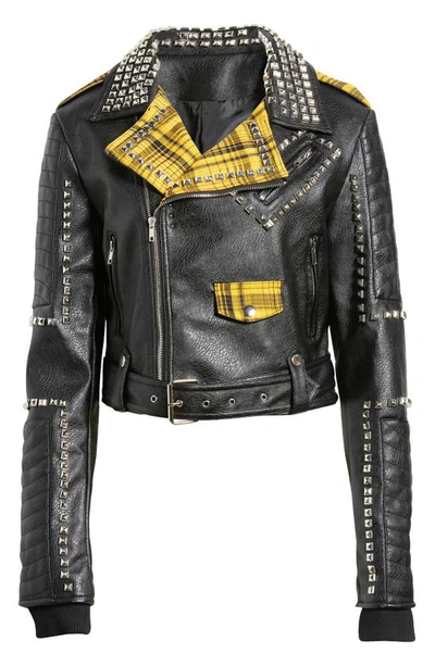 Shop Azalea Wang Plaid Faux Leather Moto Jacket In Black Multi