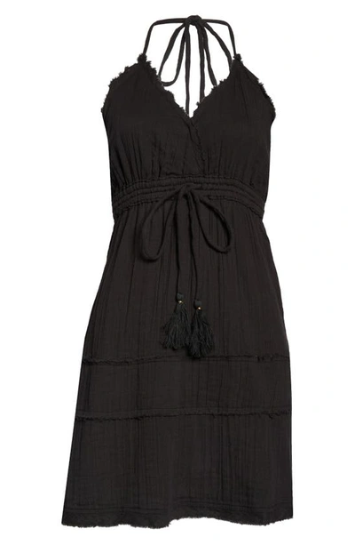 Shop Elan Raw Edge Halter Cotton Cover-up Dress In Black