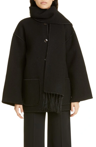 Shop Totême Chain Stitch Wool Blend Scarf Jacket In Black