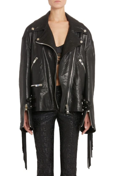 Shop Versace Fringe Crushed Leather Moto Jacket In Black