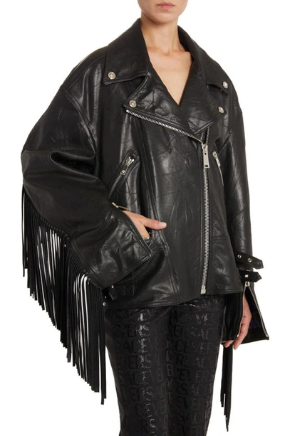 Shop Versace Fringe Crushed Leather Moto Jacket In Black