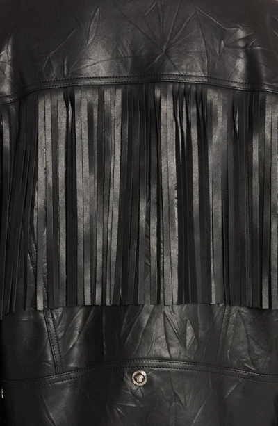 Shop Versace Fringe Crushed Leather Moto Jacket In Black