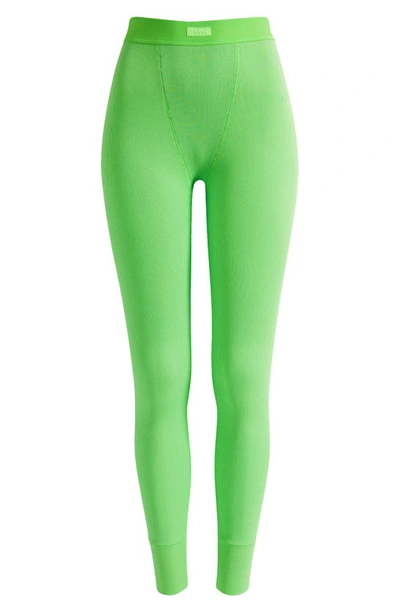 Cotton Rib Thermal Leggings In Neon Green