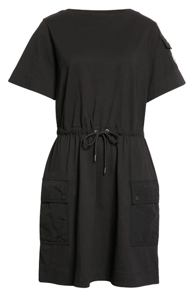 Moncler Drawstring Waist Cotton Jersey Dress In Black
