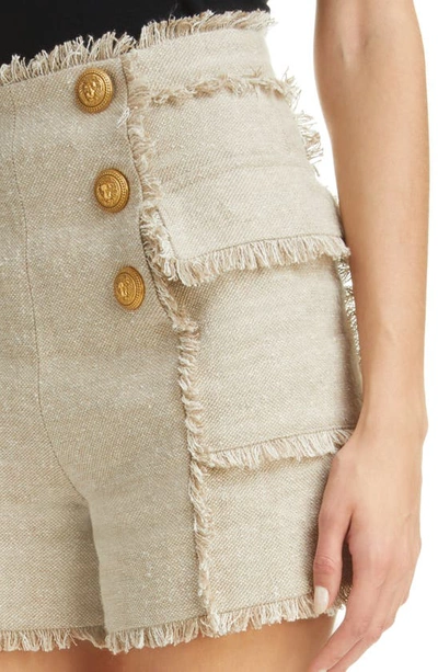 Shop Balmain Six-button Fringed High Waist Shorts In Sand