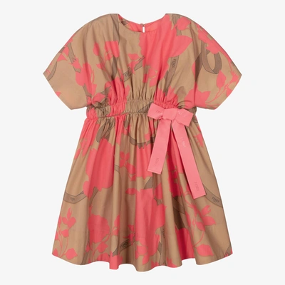 Shop Fendi Girls Pink & Beige Cotton Logo Dress