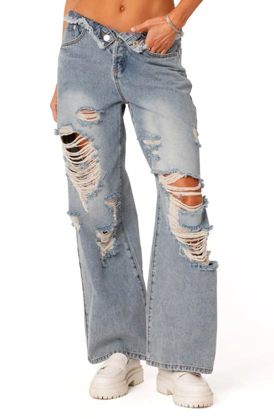 Shop Edikted Foldover Low Rise Ripped Boyfriend Jeans In Light-blue