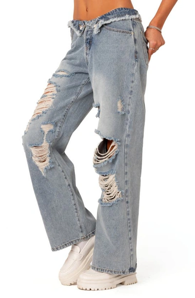 Shop Edikted Foldover Low Rise Ripped Boyfriend Jeans In Light-blue