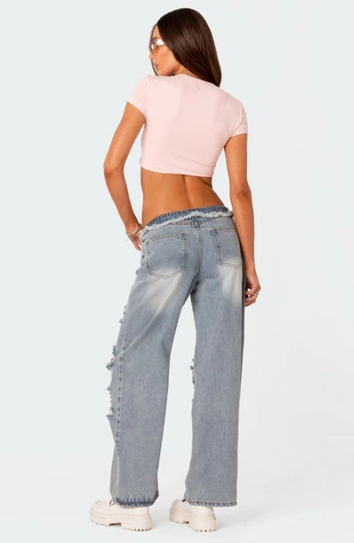 Shop Edikted Foldover Low Rise Ripped Boyfriend Jeans In Light-blue