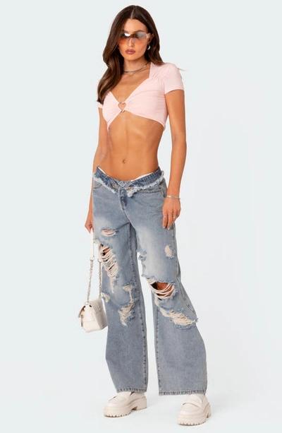 Shop Edikted Foldover Low Rise Ripped Boyfriend Jeans In Light-blue