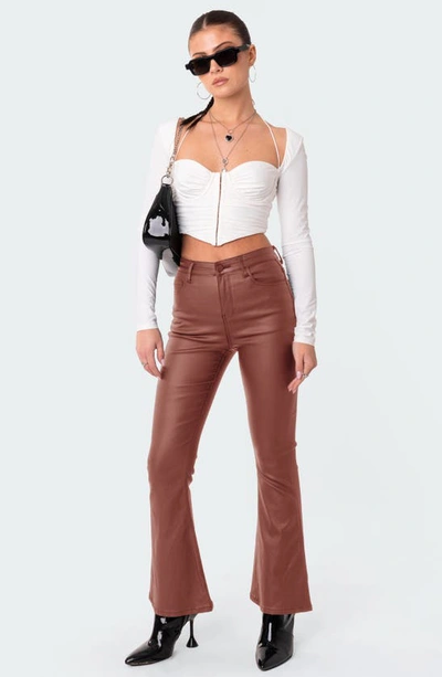 Edikted Luna Faux Leather Flare Leg Pants In Brown