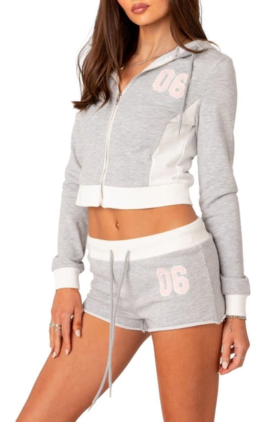 Edikted Pat Appliqué Zip Front Crop Hoodie In Gray-melange