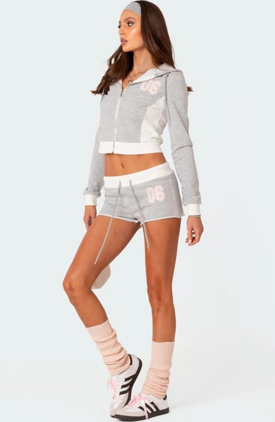 Edikted Pat Appliqué Zip Front Crop Hoodie In Gray-melange