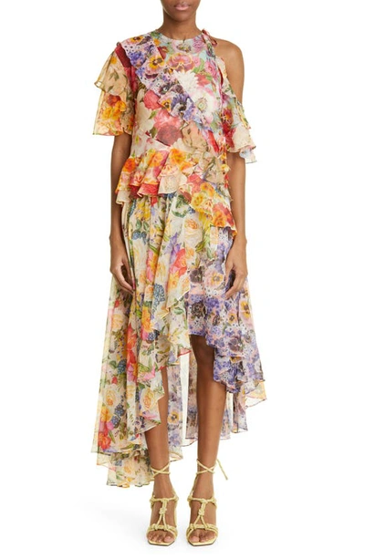 Shop Zimmermann Wonderland Floral Mixed Print Asymmetric Flounce Cotton & Silk Dress In Spliced Floral