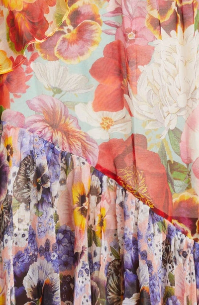 Shop Zimmermann Wonderland Floral Mixed Print Asymmetric Flounce Cotton & Silk Dress In Spliced Floral