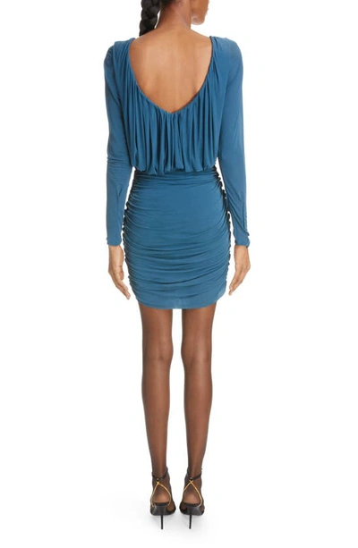Shop Saint Laurent Ruched Long Sleeve Jersey Dress In Canard