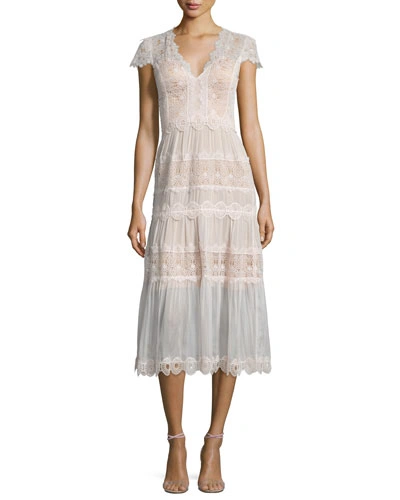 Catherine Deane Short-sleeve Tiered Lace A-line Cocktail Dress In Blusher/almond