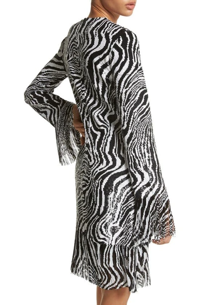 Shop Michael Kors Sequin Zebra Stripe Fringe Minidress In 061 Black/ Optic White