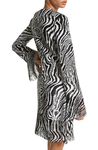 Michael Kors Sequin Zebra Stripe Fringe Minidress In 061 Black/ Optic White