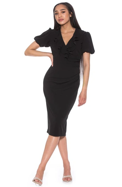 Shop Alexia Admor Ruffle Collar Puff Sleeve Polka Dot Midi Dress In Black