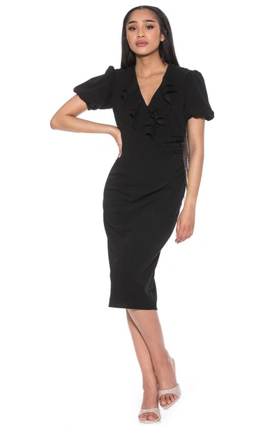 Shop Alexia Admor Ruffle Collar Puff Sleeve Polka Dot Midi Dress In Black
