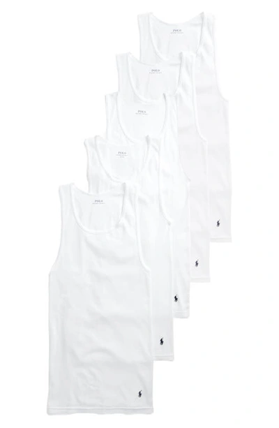 Shop Polo Ralph Lauren 5-pack Classic Logo Embroidered Cotton Rib Tanks In White/white