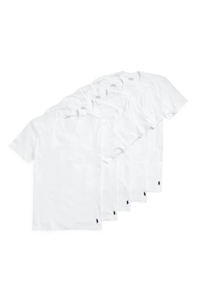 Shop Polo Ralph Lauren 5-pack Relaxed Fit Logo Embroidered V-neck Undershirts In White
