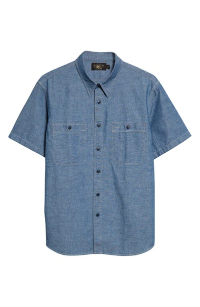 Shop Double Rl Fenton Short Sleeve Cotton Chambray Button-up Shirt In Rinse Wash