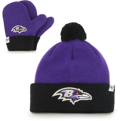 Shop 47 Infant ' Purple/black Baltimore Ravens Bam Bam Cuffed Knit Hat With Pom And Mittens Set