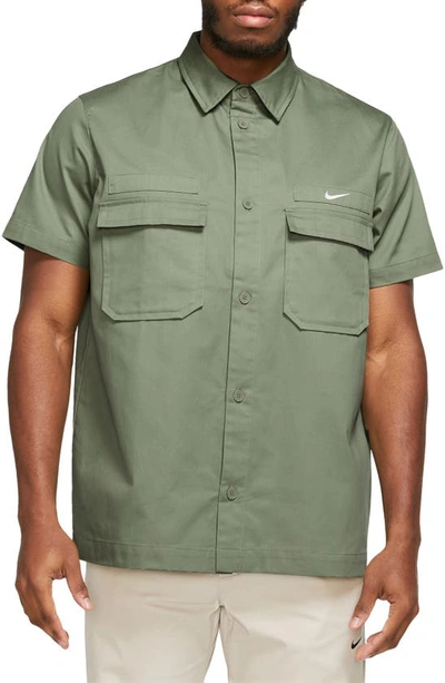 Shop Nike Woven Military Short-sleeve Button-down Shirt In Oil Green/ White