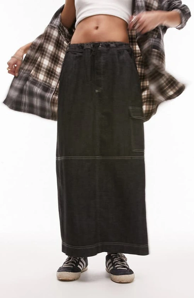 Shop Topshop Denim Cargo Maxi Skirt In Black