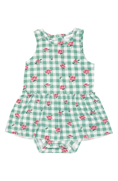 Shop Angel Dear Gingham Roses Skirted Bodysuit In Green Multi