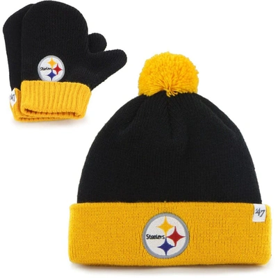 Shop 47 Infant ' Black/gold Pittsburgh Steelers Bam Bam Cuffed Knit Hat With Pom And Mittens Set