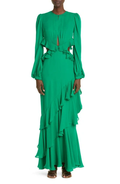 Shop Johanna Ortiz Claves Gitano Long Sleeve Ruffle Cutout Silk Maxi Dress In Jungle Emerald