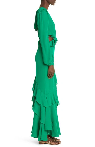 Shop Johanna Ortiz Claves Gitano Long Sleeve Ruffle Cutout Silk Maxi Dress In Jungle Emerald