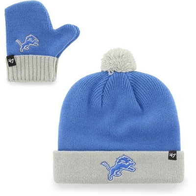Shop 47 Toddler ' Blue/silver Detroit Lions Bam Bam Cuffed Knit Hat With Pom And Mittens Set