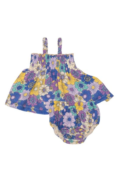 Shop Angel Dear Retro Cosmo Floral Organic Cotton Muslin Dress & Bloomers Set In Multi Purple