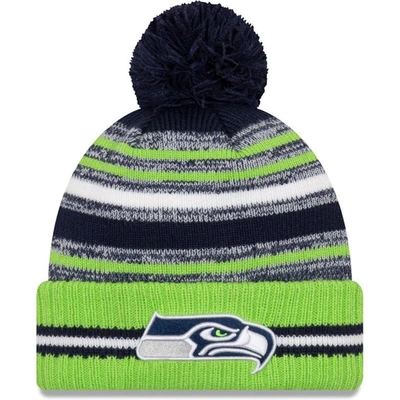 Shop New Era Youth  College Navy/neon Green Seattle Seahawks 2021 Nfl Sideline Sport Pom Cuffed Knit Hat